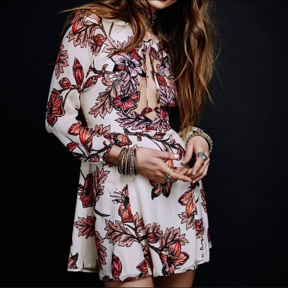 For Love & Lemons Sierra Mini Dress Sheer Vintage Pink Floral Long Sleeve Large - Picture 1 of 7